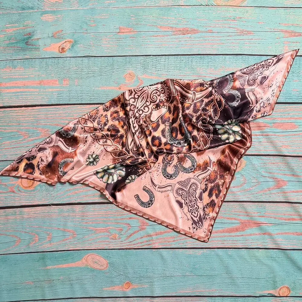 Longhorn & Leopard Wild Rag Scarf | Khaki & Turquoise | 36x36